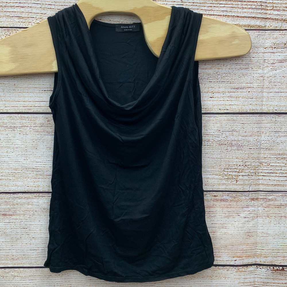 Amore All.F.Y Womens Black Ruched Blouse Stretch Tank Top Medium New Made in USA